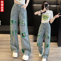 Jazz dance clothing jeans suit for women summer style butterfly hot diamond short sleeves street hole wear complete set