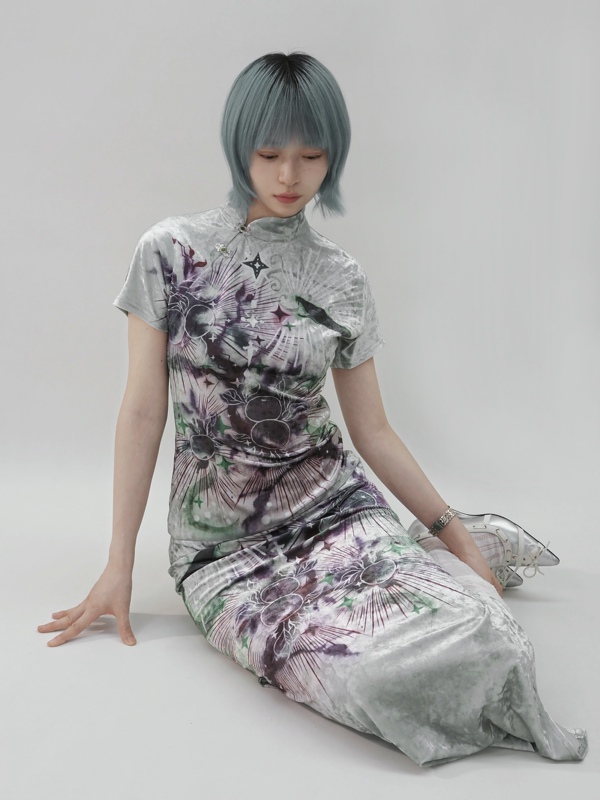 Eden Garden Original Color | Raglan Sleeve Original Design Improved Cheongsam Velvet Printed Long Dress Eden Garden Original Color | Raglan Sleeve Original Design Improved Cheongsam Velvet Printed Long Dress