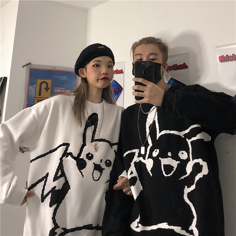 2021 autumn and winter new Korean ins childlike cartoon printing Harajuku style bf loose student couple thick T-shirt female tide