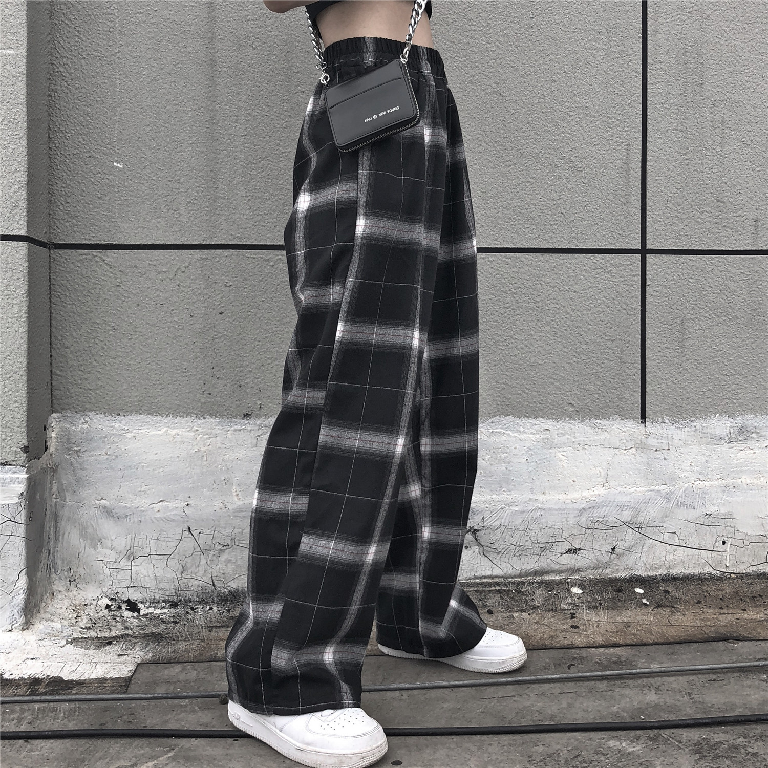 YANS 2021 Autumn New ins vintage street plaid loose straight tube wide trousers students male and female tide