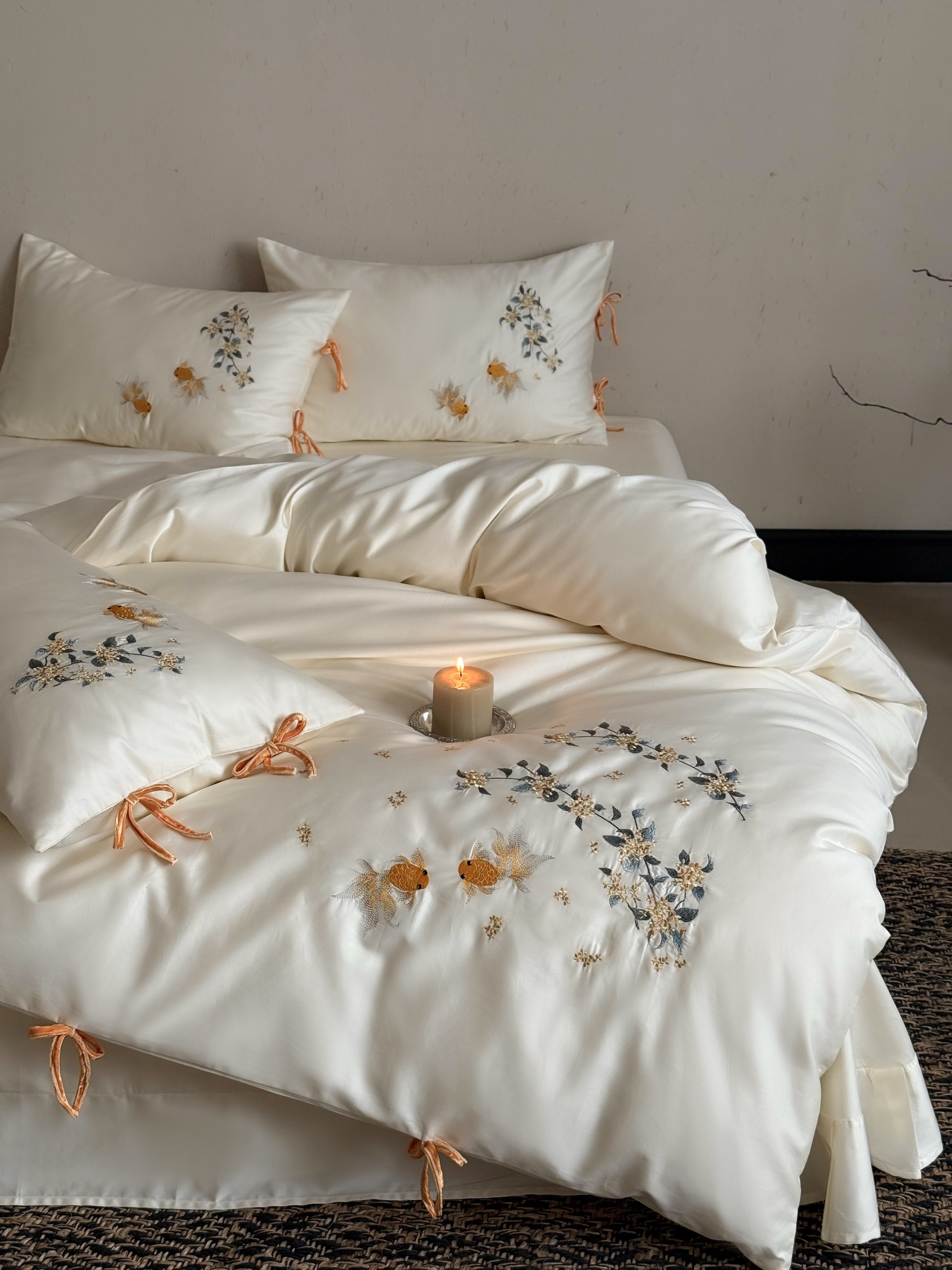 国潮长绒棉贡缎全棉纯棉锦鲤立体刺绣床上四件套