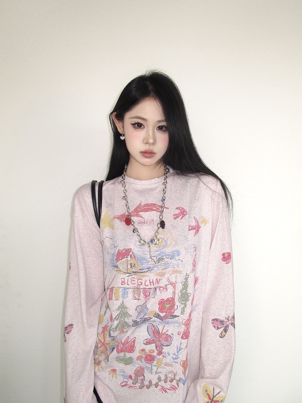 Babystudios American-Style Fun Graffiti Print Long-Sleeve T-Shirt for Men and Women, Loose and Lazy Sun-Protective Cover-Up Top, Trendy