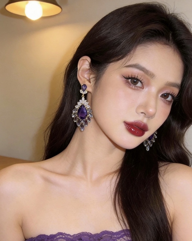 Purple Sunset Mountain~ Vintage Zircon Earrings with Exaggerated Craftsmanship, Purple Flower Water Drop Ear Studs, Light Luxury High-End Ear Clips for Women