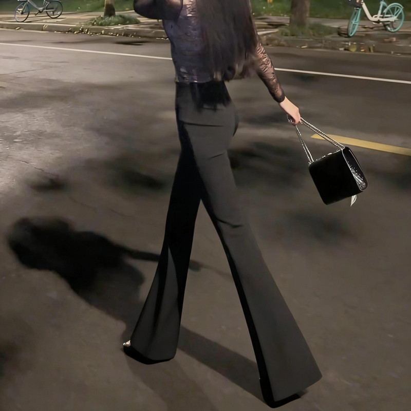 Black High-Waisted Supermodel Flared Suit Pants for Women, Summer 2026, Slim Fit, Stretchy, Drapey, Floor-Length Bell-Bottom Pants