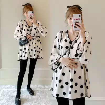 Pregnant women autumn 2021 New Korean fashion v neck polo point long sleeve chiffon dress bottoming medium long top