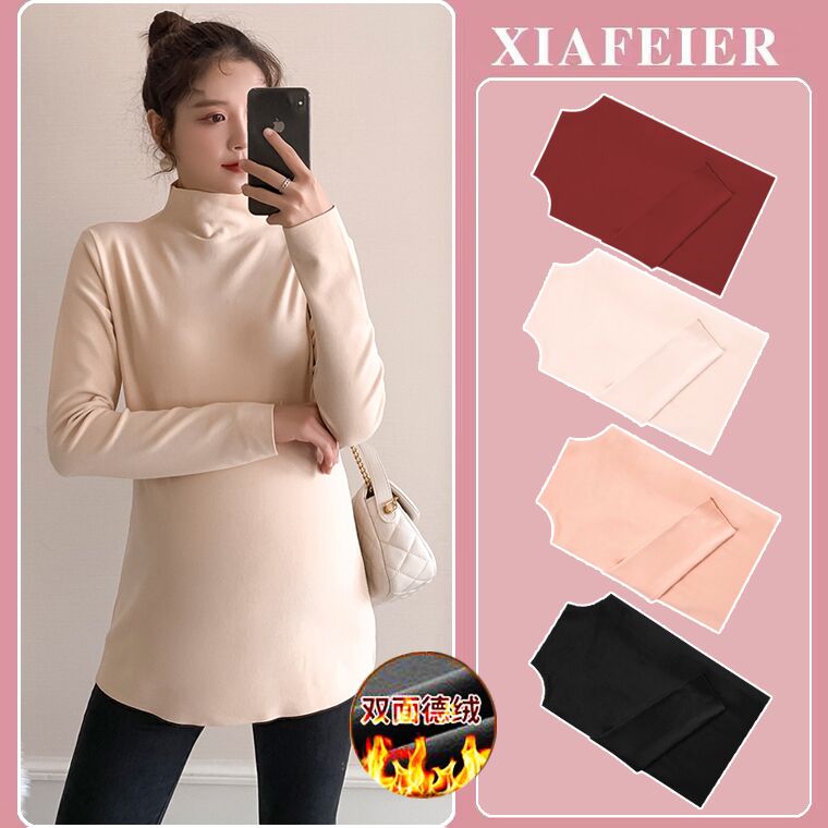 Pregnant women's coat double-sided de-velvet thickened semi-high collar base shirt pregnancy stretch warm inner T-shirt autumn and winter clothes