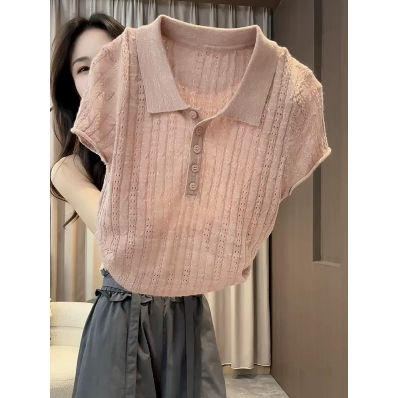 Sweet and Gentle Style Women's Summer Pink Polo Collar Short-Sleeved Knit Top, Thin and Breathable Ribbed Slimming Top