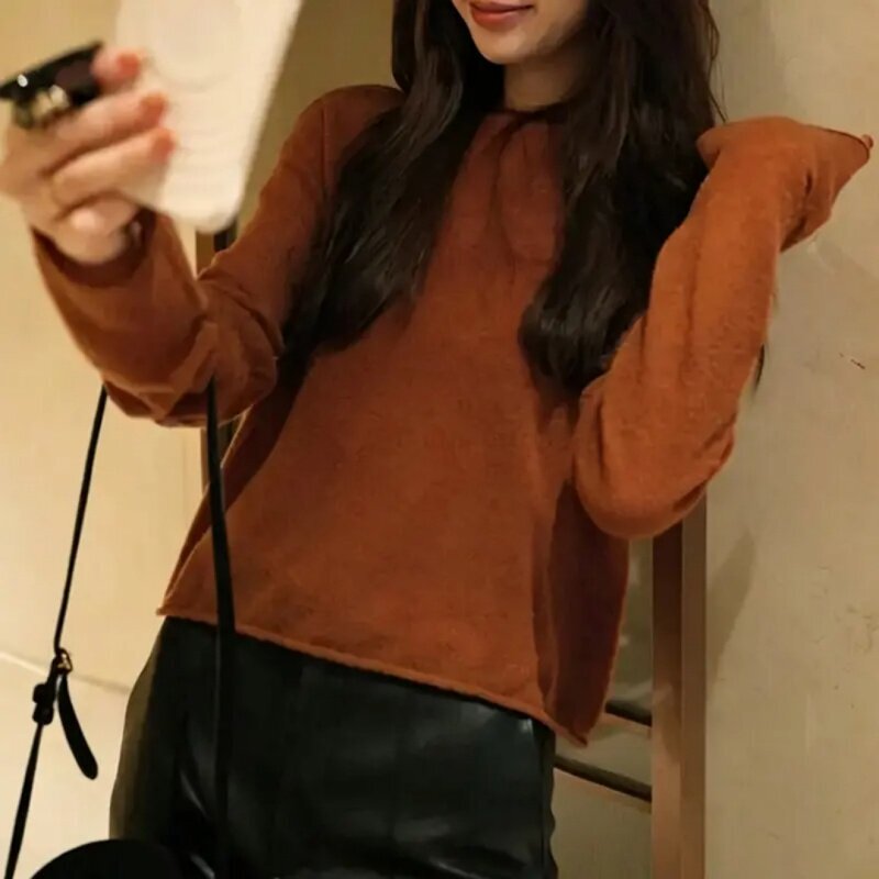 Korean-Style High-End Elegant Long-Sleeve Knitted Sweater for Women, Autumn Season, Caramel Color, Lazy Style, Inner Wear Top Korean-Style High-End Elegant Long-Sleeve Knitted Sweater for Women, Autumn Season, Caramel Color, Lazy Style, Inner Wear Top