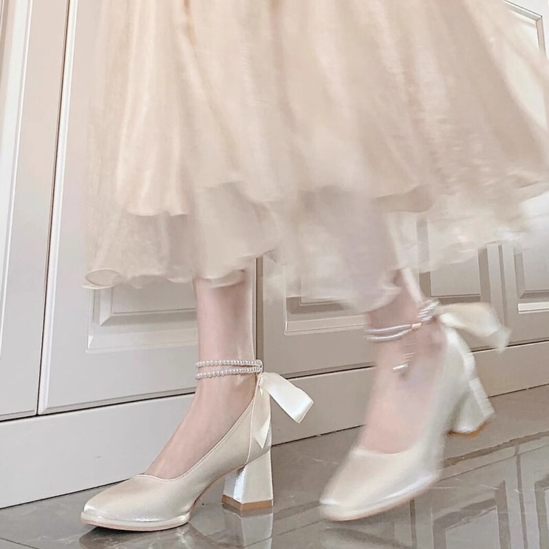So Fairy-Like~ White Mary Jane Shoes with Pearl Ribbon, 2026 New Style Chunky Heel French High Heels, Wedding Shoes for Women