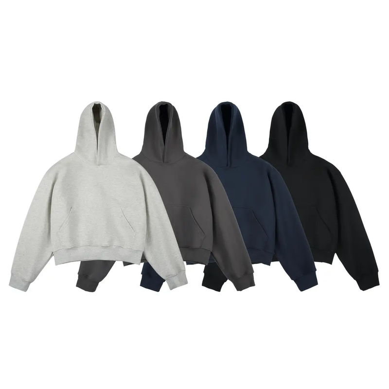 Short Boxy Fit Sweatshirt, Solid Color Hoodie, 420g Heavyweight Fleece-Lined, American Style Short Loose Jacket, Trendy Men's Thickened Version Short Boxy Fit Sweatshirt, Solid Color Hoodie, 420g Heavyweight Fleece-Lined, American Style Short Loose Jacket, Trendy Men's Thickened Version