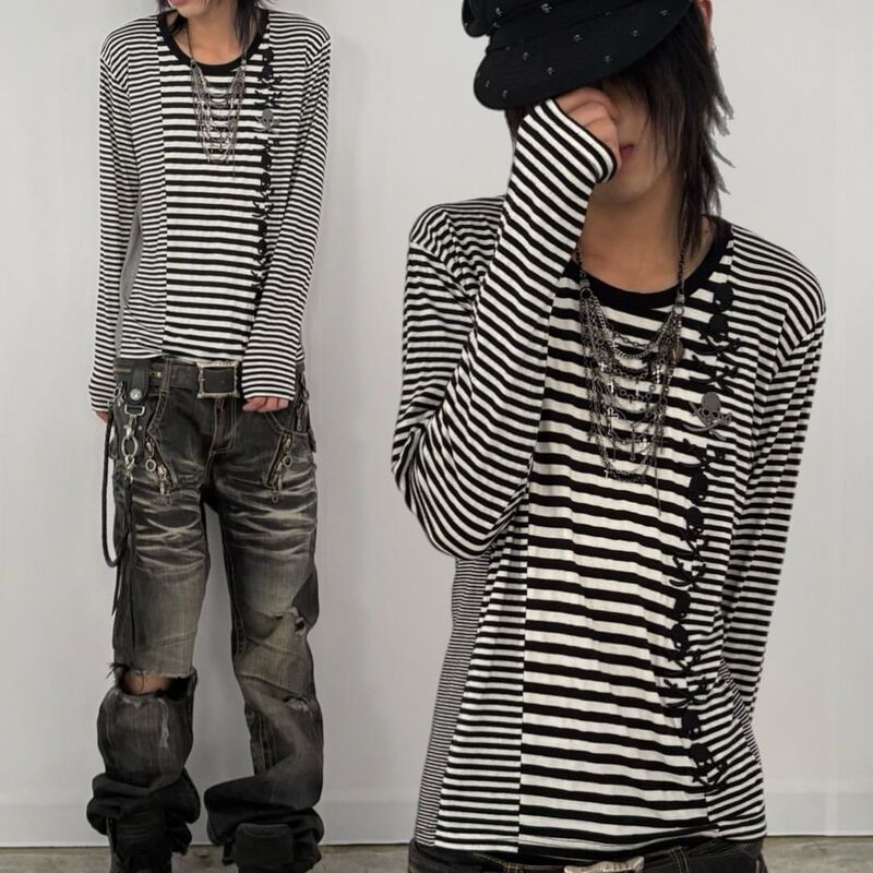 Subculture Dark Punk Style Skull Print Striped Long-Sleeve T-Shirt American Retro Street Fashion Brand Top Autumn