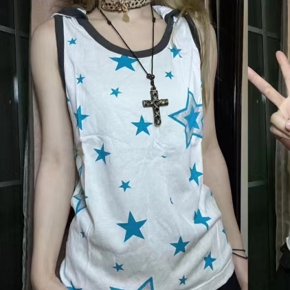 Subculture Y2K Sleeveless Hooded Tank Top with Star Print, Millennial Hot Girl Street Casual Niche Top