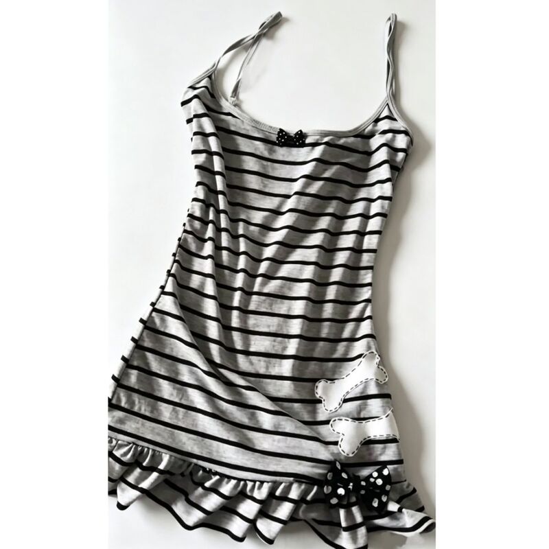 Subculture Gray and Black Striped Bone Bow Suspender Dress Millennium Sweet Spicy Girl Y2K Ruffle Dress Summer