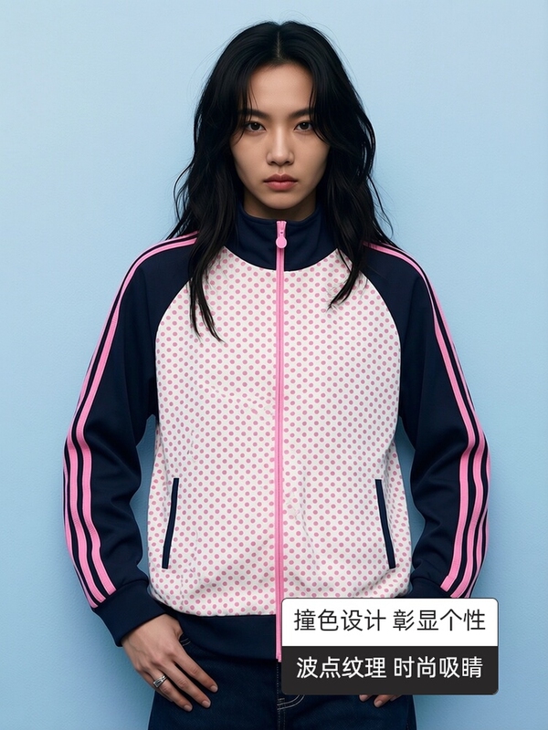American Retro Vintage Long-Sleeve Sports Casual Sweatshirt with Water Wave Polka Dots and Contrasting Colors, Vintage Early Y2K Millennium Style