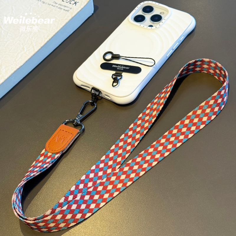 High-End Leather Phone Lanyard with Rotating Spacer, Women's Phone Strap, Canvas Pattern Phone Chain, Wrist Strap, Anti-Lost
