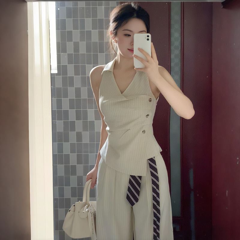 2026 Super Trendy Old Money Style High-End Striped Suit for Women, Summer Tank Top and Wide-Leg Pants, Light and Elegant Outfit Set