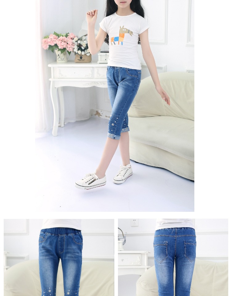 2018 mới mùa xuân và mùa hè mô hình cô gái jeans trẻ em lớn cắt quần trẻ em của quần bé stretch casual ống túm