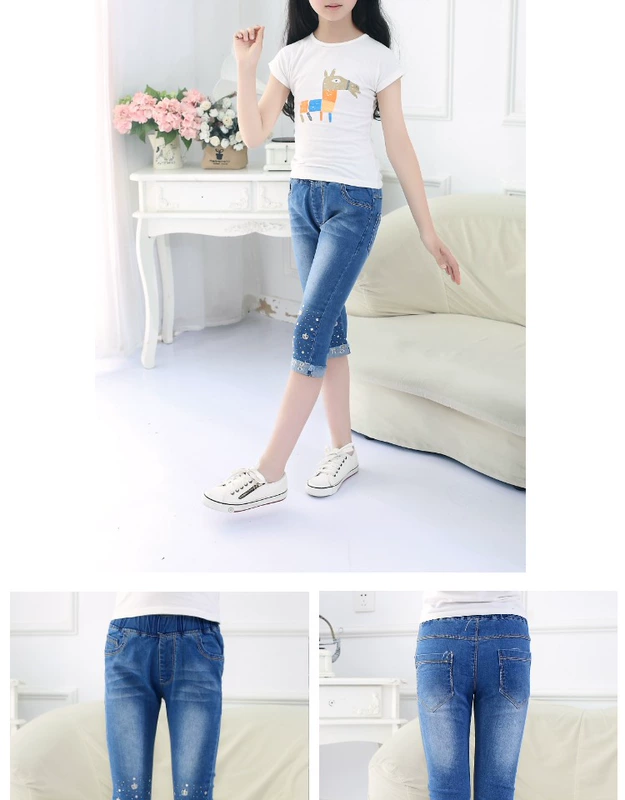 2018 mới mùa xuân và mùa hè mô hình cô gái jeans trẻ em lớn cắt quần trẻ em của quần bé stretch casual ống túm quần jean denim trẻ em