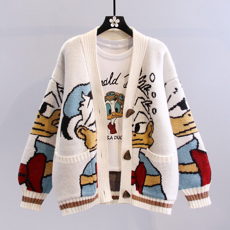 Day Ensemble Cartoon Sweater Jacket Woman Autumn Winter 2021 New Lazy Wind outside wearing 100 Lapped Thickened Knit Cardiovert