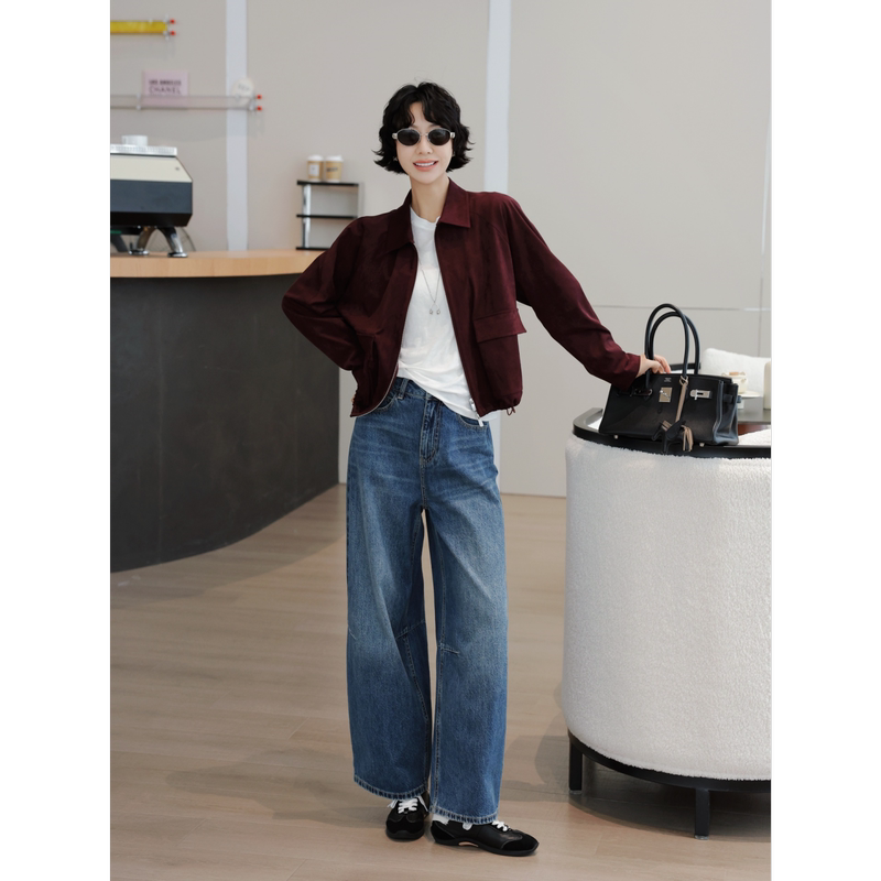 Tt Designer [Chengye] Matte Textured Suede Short Jacket Autumn Turn-Down Collar Workwear Pocket Short Coat