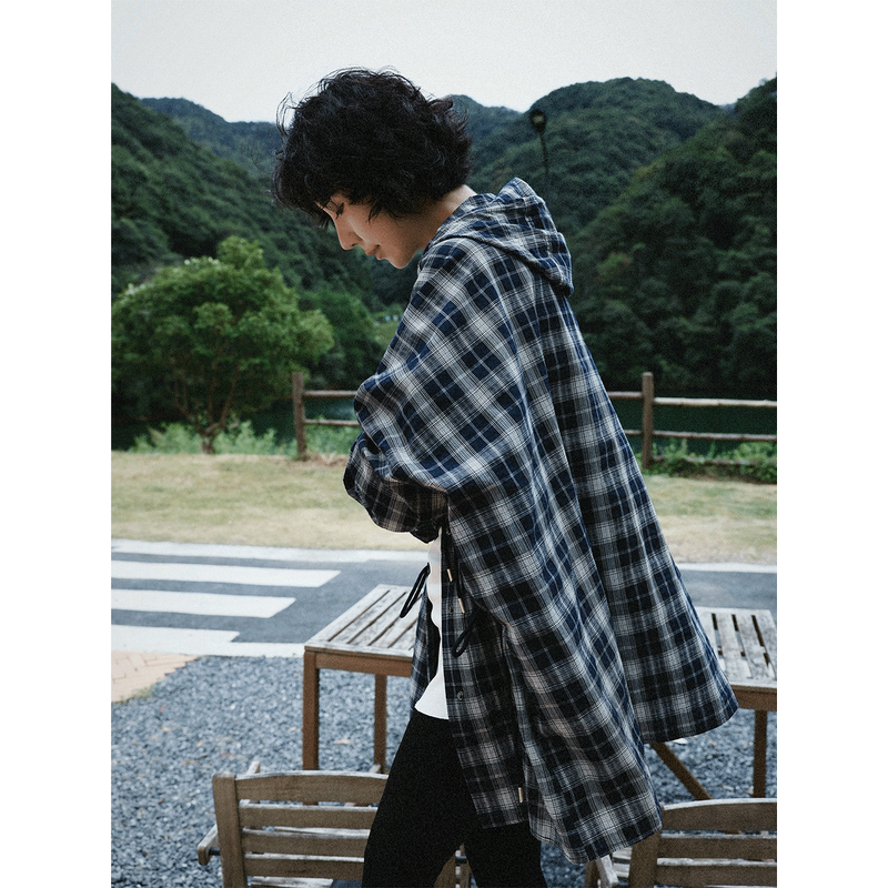 Tt Designer [Blue Sunset] Drawstring Waist Hooded Plaid Shirt Jacket Spring and Autumn Thin Style 2026 New Model