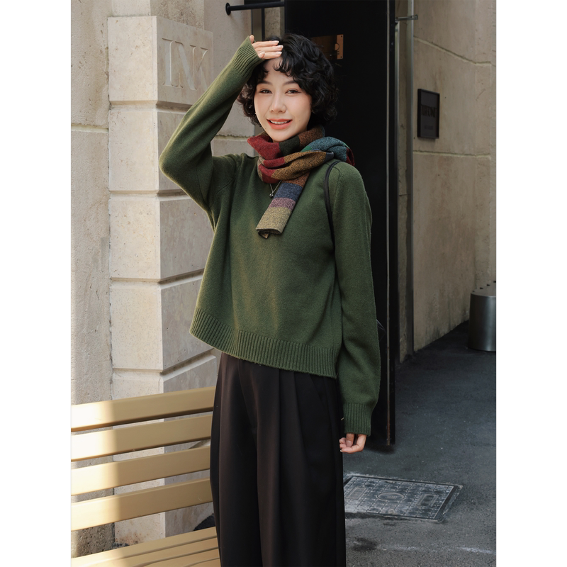 Tt Designer [Soft Light Variation] 100% Sheep Wool Draped Knit Sweater Women's Short Slimming Long Sleeve Top