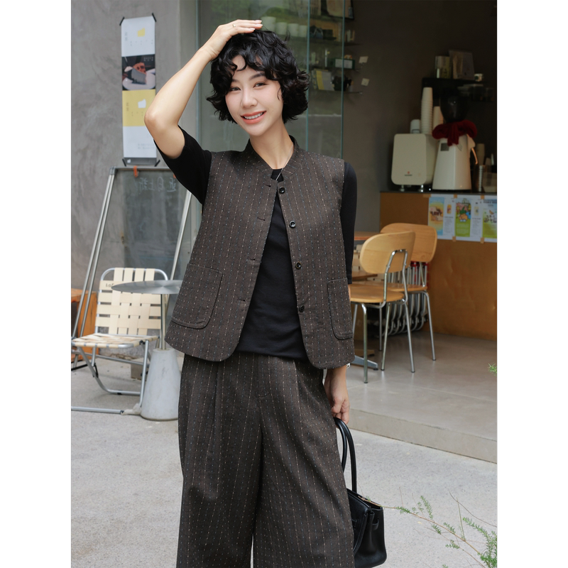 Tt Designer [Notting Hill] Vintage Artistic Textured Cotton and Linen Vest with Small Stand Collar, Sleeveless Layered Outerwear Vest