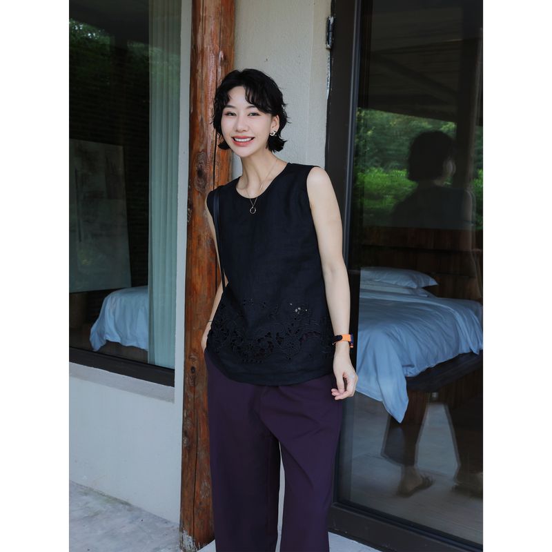 Tt Designer [Flying Flowers Leave a Trace] 100% Linen Embroidered Hollow Out Outerwear Vest Elegant Round Neck Sleeveless Top