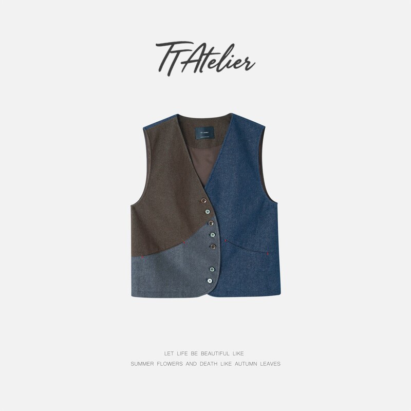 Tt Designer【Off-Season Early Autumn】Design-Inspired Diagonal Placket Cotton Vest for Women, Matte Color-Blocking V-Neck Layered Vest