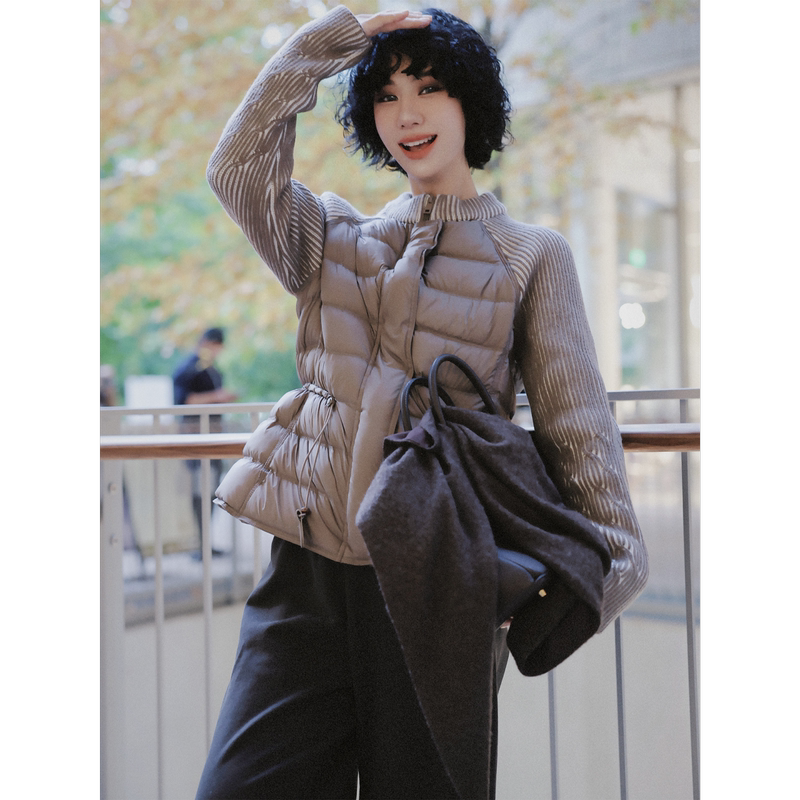 Tt Designer [Elegant Curve] White Goose down Patchwork down Jacket Women's Winter New Style Waist-Cinching Warm Coat
