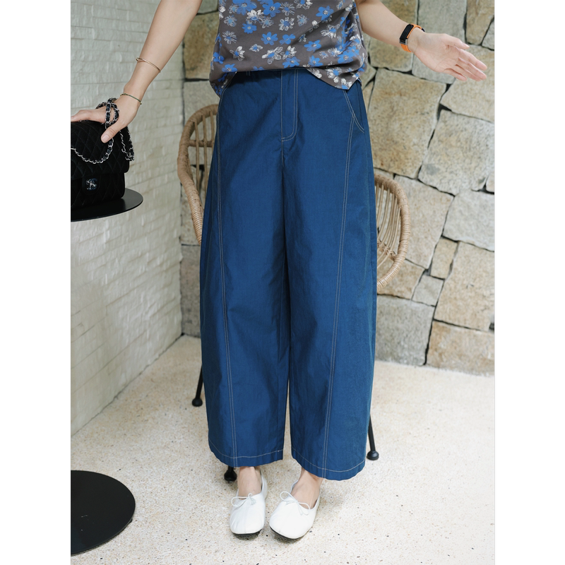 Tt Designer [Seoul Vintage] 100% Long Staple Cotton Color-Block Stitching Wide-Leg Pants for Women, Summer Slimming Straight-Leg Pants