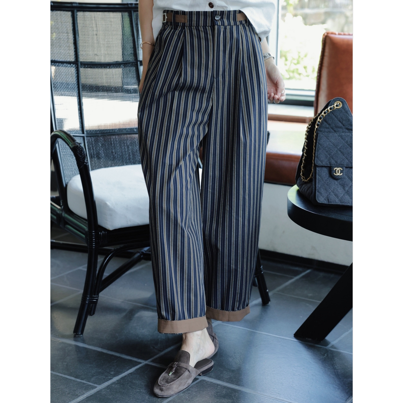 Tt Designer [Harp Pants] British Retro Vertical Striped Nine-Point Pants New Color-Block Cuffed Cotton Casual Pants