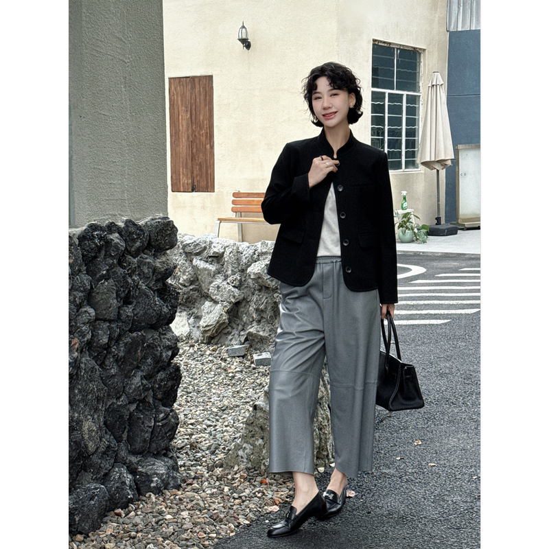 Clearance Sale Tt Designer [Encounter Elegance] Spring Black Stand Collar Blazer New Chinese Style Wool Coat