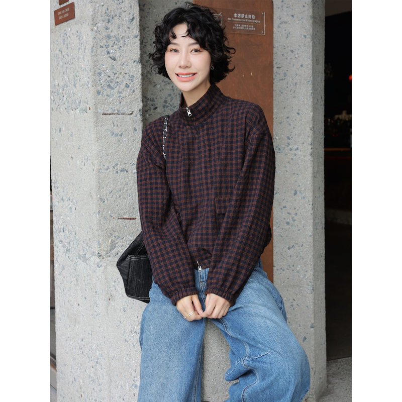 Tt Designer [Wales] Wool and Cotton Blend Reversible Plaid Jacket Women's Short Stand Collar Vintage Jacket