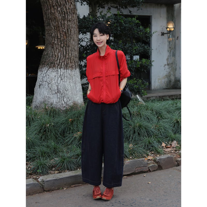 Tt Designer [Chunye] Red Retro Sports Style Stand Collar Jacket Summer Small Size Relaxed Sun Protection Coat