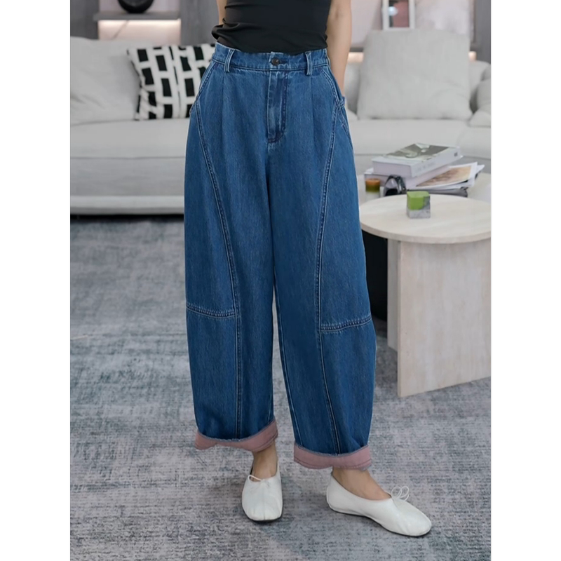 Tt Designer [Blue Echo] Deconstructed Workwear Jeans Autumn Unisex Relaxed Cuffed Lantern Pants