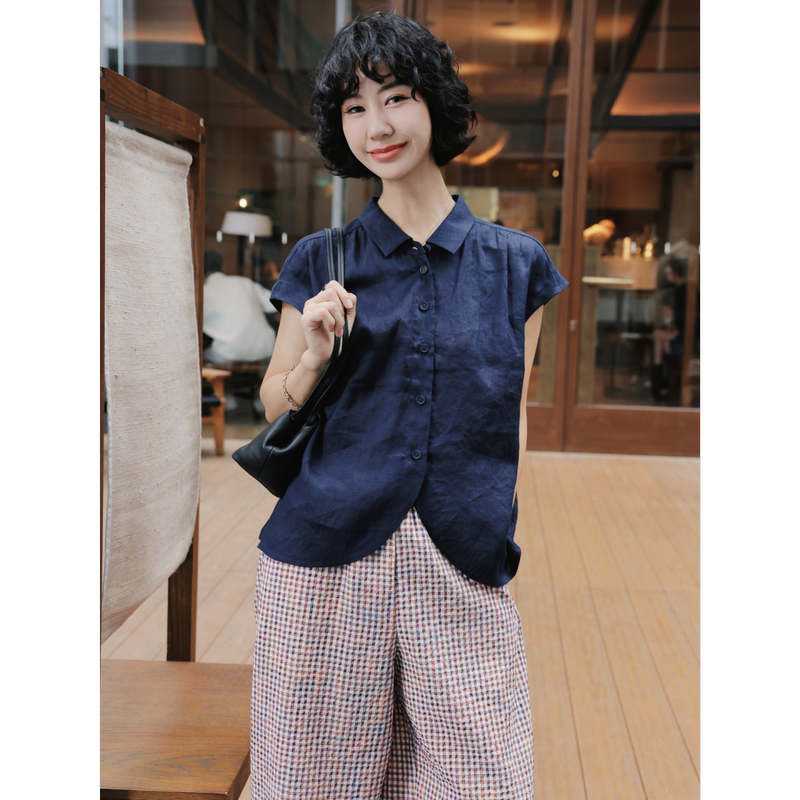 Tt Designer [Manmanfengyue] 100% Linen Cool Sleeveless Vest Shirt Summer Slimming Polo Collar Top