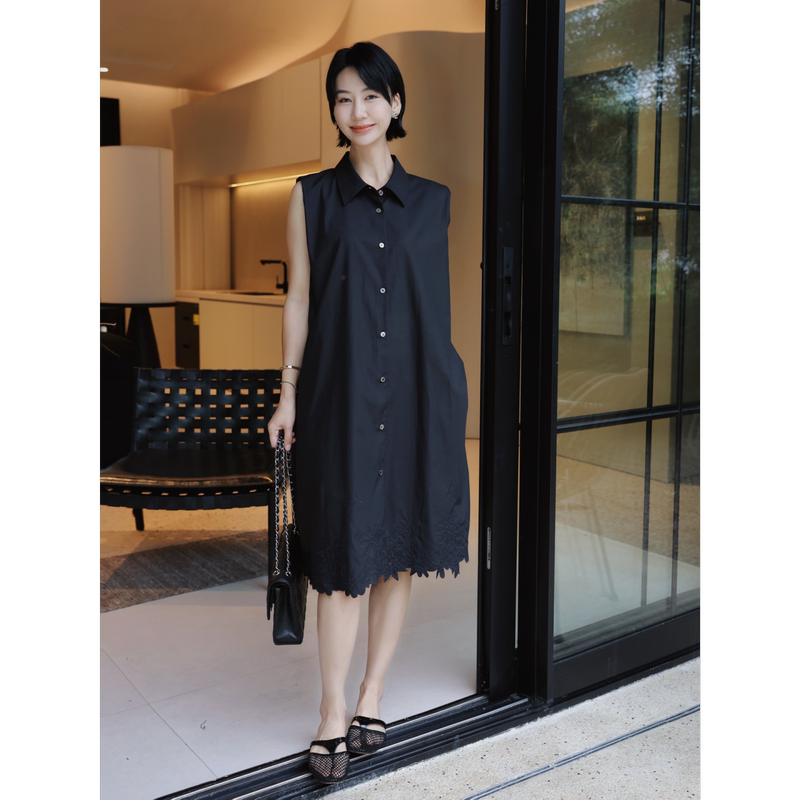 Tt Designer [Embroidery Summer Breeze] Lyocell Lapel Sleeveless Dress Women's Summer Lace Hem Shirt Dress