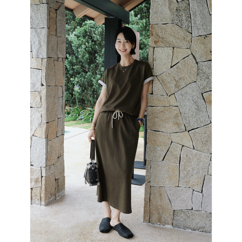Tt Designer [Breeze Comes from Itself] Lyocell Cotton Blend Cooling Set Women's Top and Skirt Color-Block Two-Piece Set