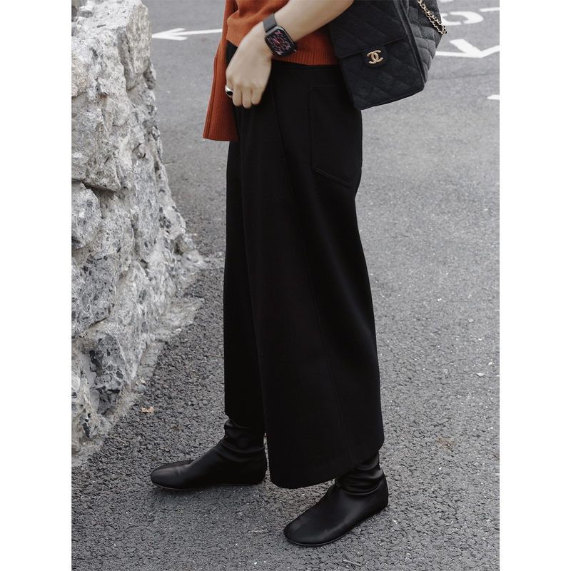 Tt Designer [Cannes Night] Black High-Waisted Cropped Pants for Women, Spring and Autumn Wide-Leg Australian Wool Straight Casual Pants