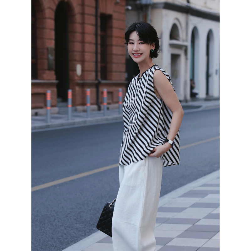 Tt Designer [Interwoven Order] 100% Cotton Twill Sleeveless Vest for Women, High Color Fastness, Ribbed Hollow Top