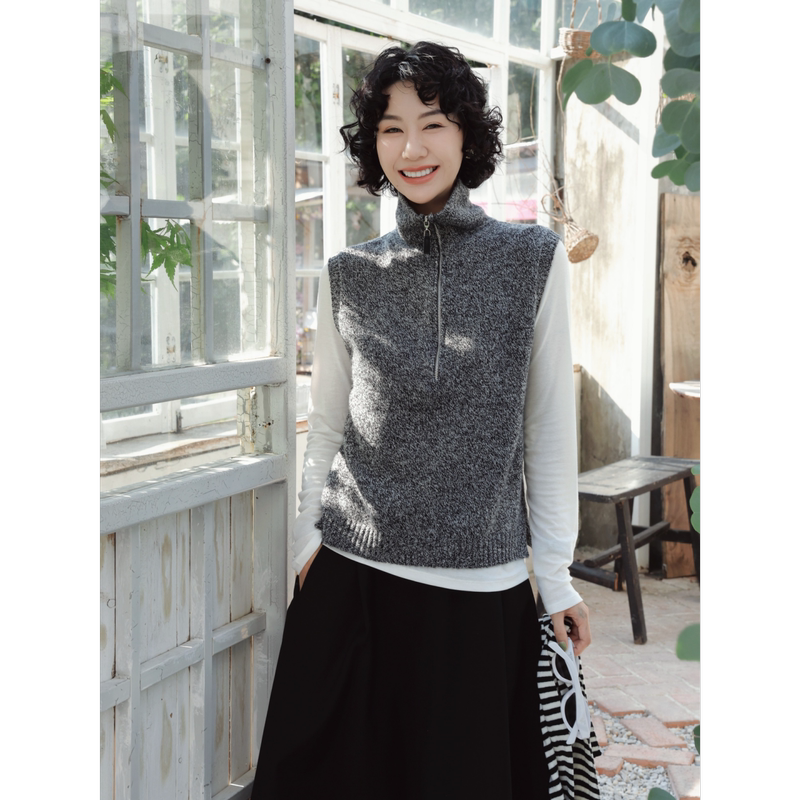 Tt Designer [British Retro] Sheep Wool Blend Knitted Vest Autumn Half-Zip Stand Collar Vintage Vest