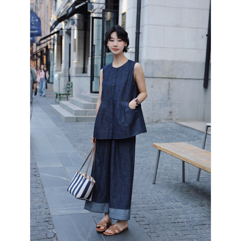 Tt Designer [Rouyun Manfang] Deep Denim Blue Wide-Leg Pants with Frayed Edges, Vintage Distressed Straight-Leg Casual Pants