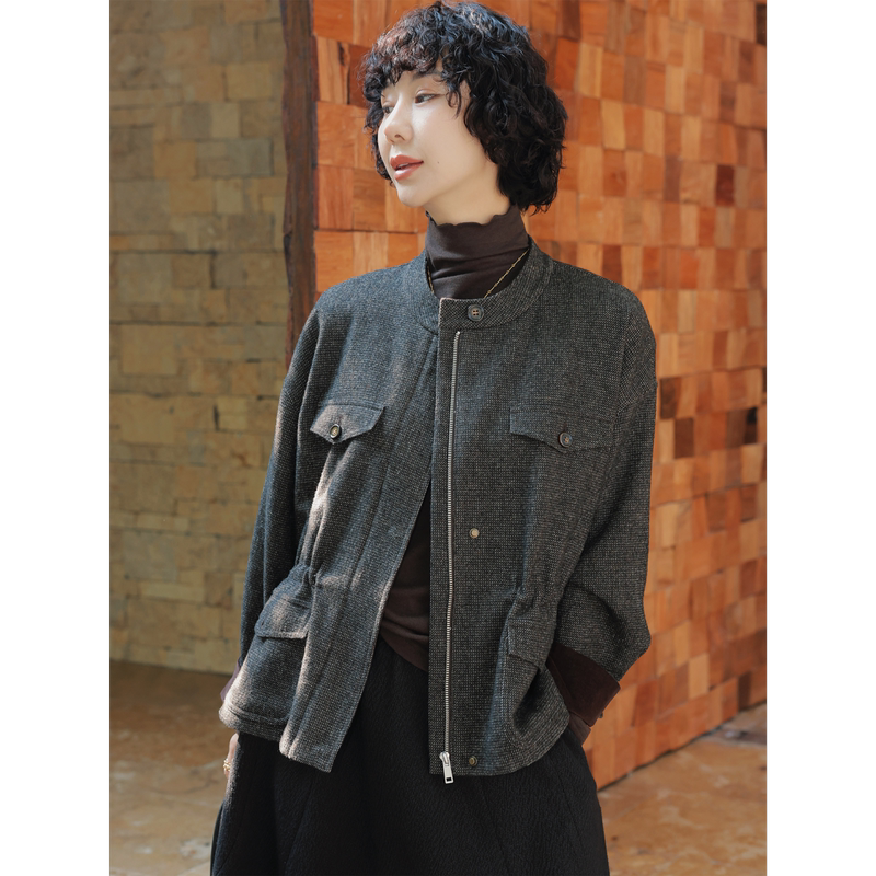 Tt Designer [South City Old Dreams] Wool Blend Workwear Short Jacket Autumn Small Stand Collar Waist-Slimming Coat