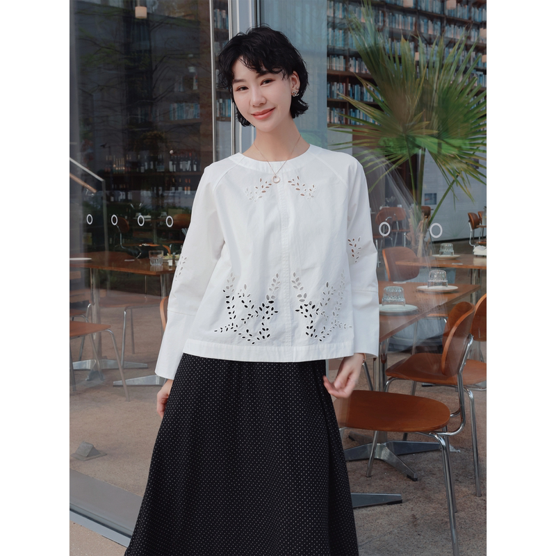 Tt Designer [Cloud Dew Robe] High-Density Cotton White Shirt with Heavy Hollow Embroidery, Loose Long-Sleeve Top