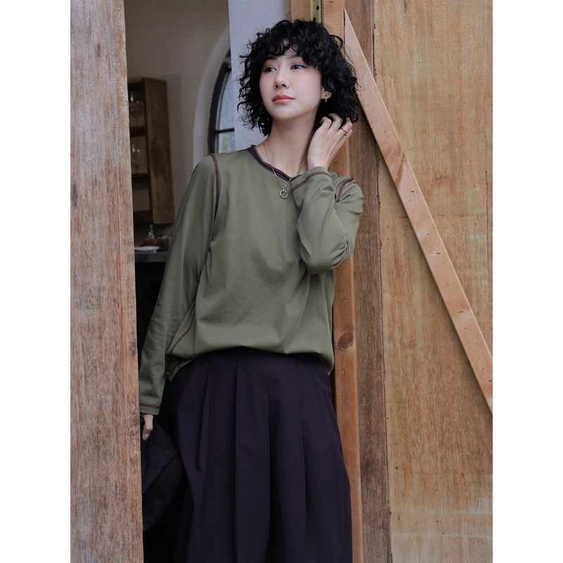 Tt Designer [Qingzhu] Green Round Neck Long Sleeve Cotton T-Shirt Autumn New Fashionable High-End Inner Layer Top