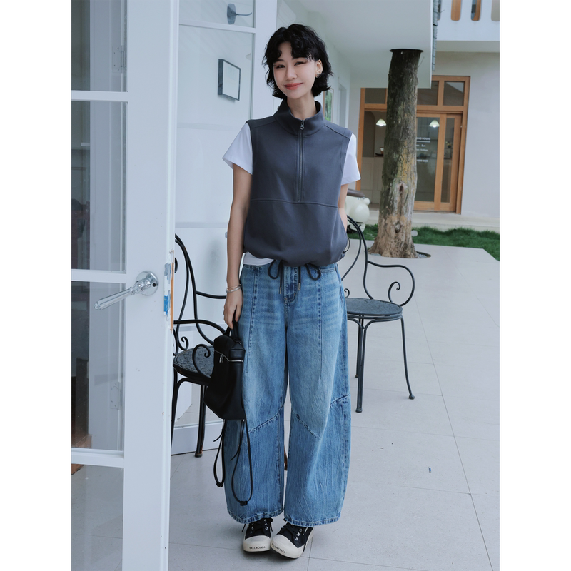 Tt Designer [Eye-Catching Moment] Stand Collar Knitted Cotton Vest with Half-Zipper Layered Wearable Vest with Drawstring Hem for Spring