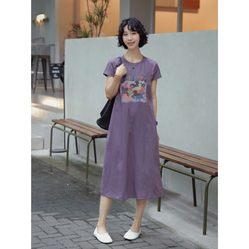 Tt Designer [Oil Painting Pony] Tencel Linen Drape Print Dress Women's Lazy Slimming Straight Long Dress