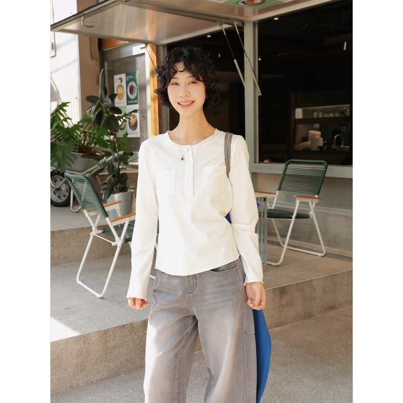 Tt Designer [Left Bank Shadow] 100% Cotton Henry Collar Long Sleeve T-Shirt Small V-Neck Curved Hem Base Layer Top