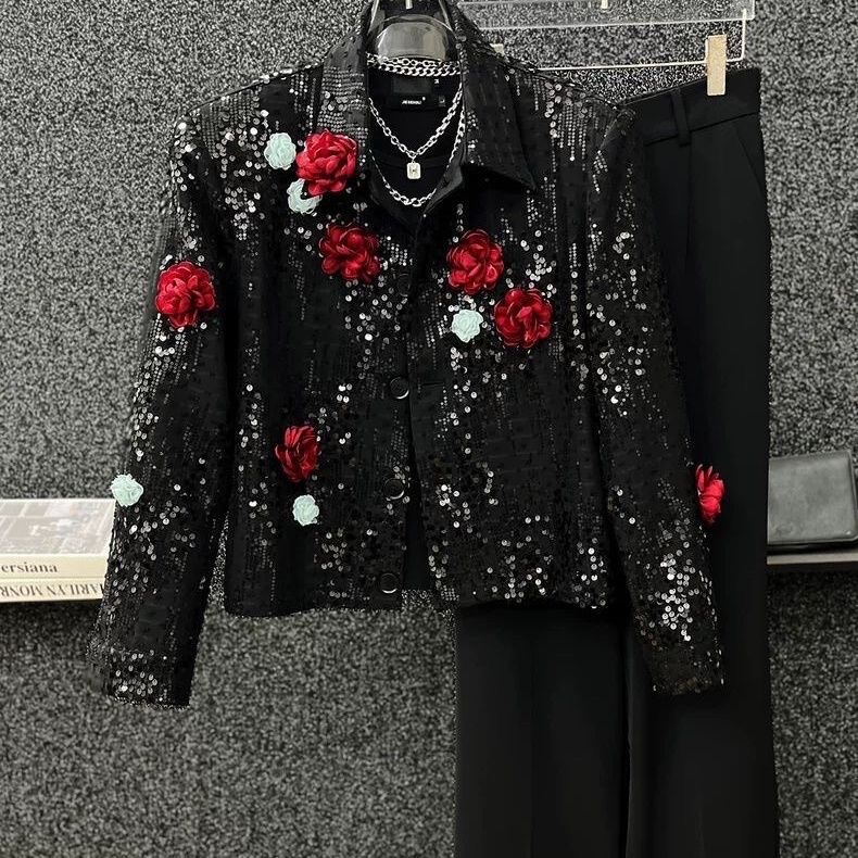 Spring and Autumn Short Style Heavy Sequin Three-Dimensional Flower Shoulder Pad Men's Versatile Jacket